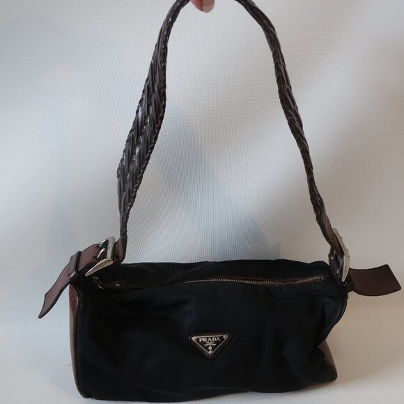 Womens Prada Black Nylon Shoulder Bag W/Brown Leather Straps - Picture 1 of 15